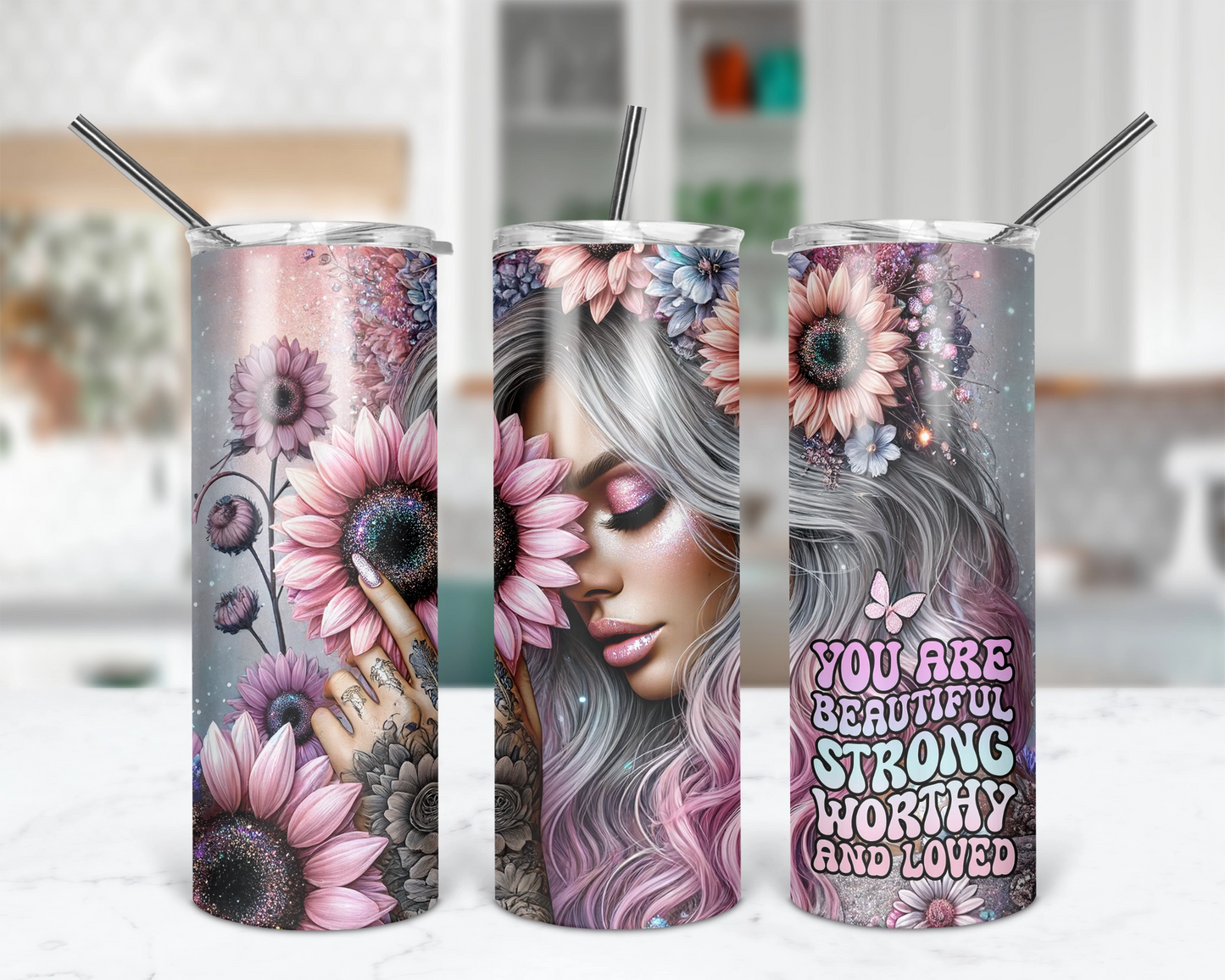 You Are Beautiful Strong Worthy And Loved / Motivational Tumbler With Straw / Inspirational Gift For Her