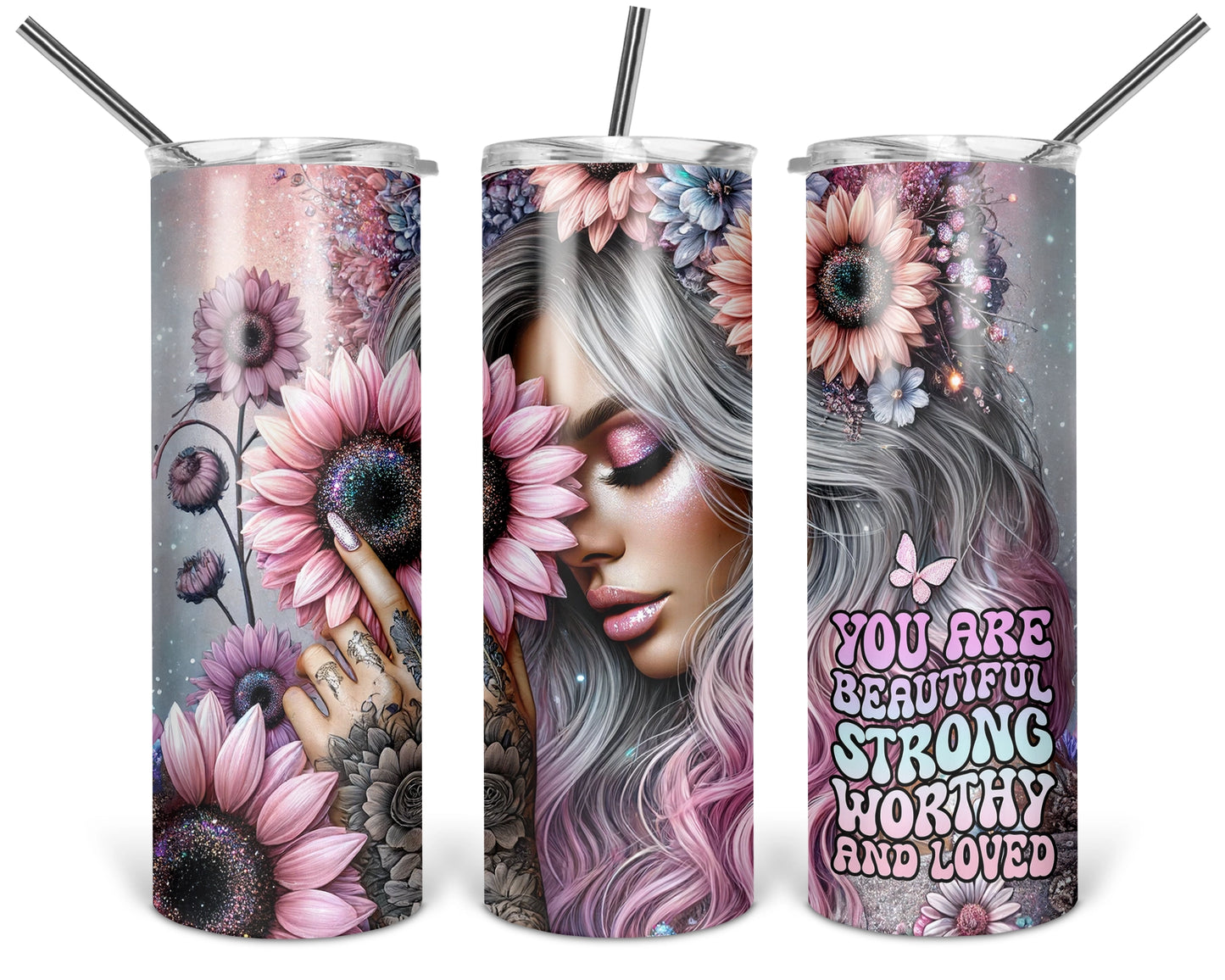 You Are Beautiful Strong Worthy And Loved / Motivational Tumbler With Straw / Inspirational Gift For Her