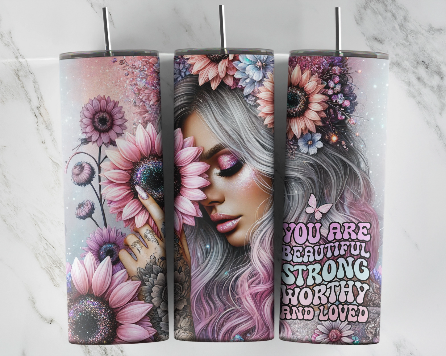 You Are Beautiful Strong Worthy And Loved / Motivational Tumbler With Straw / Inspirational Gift For Her