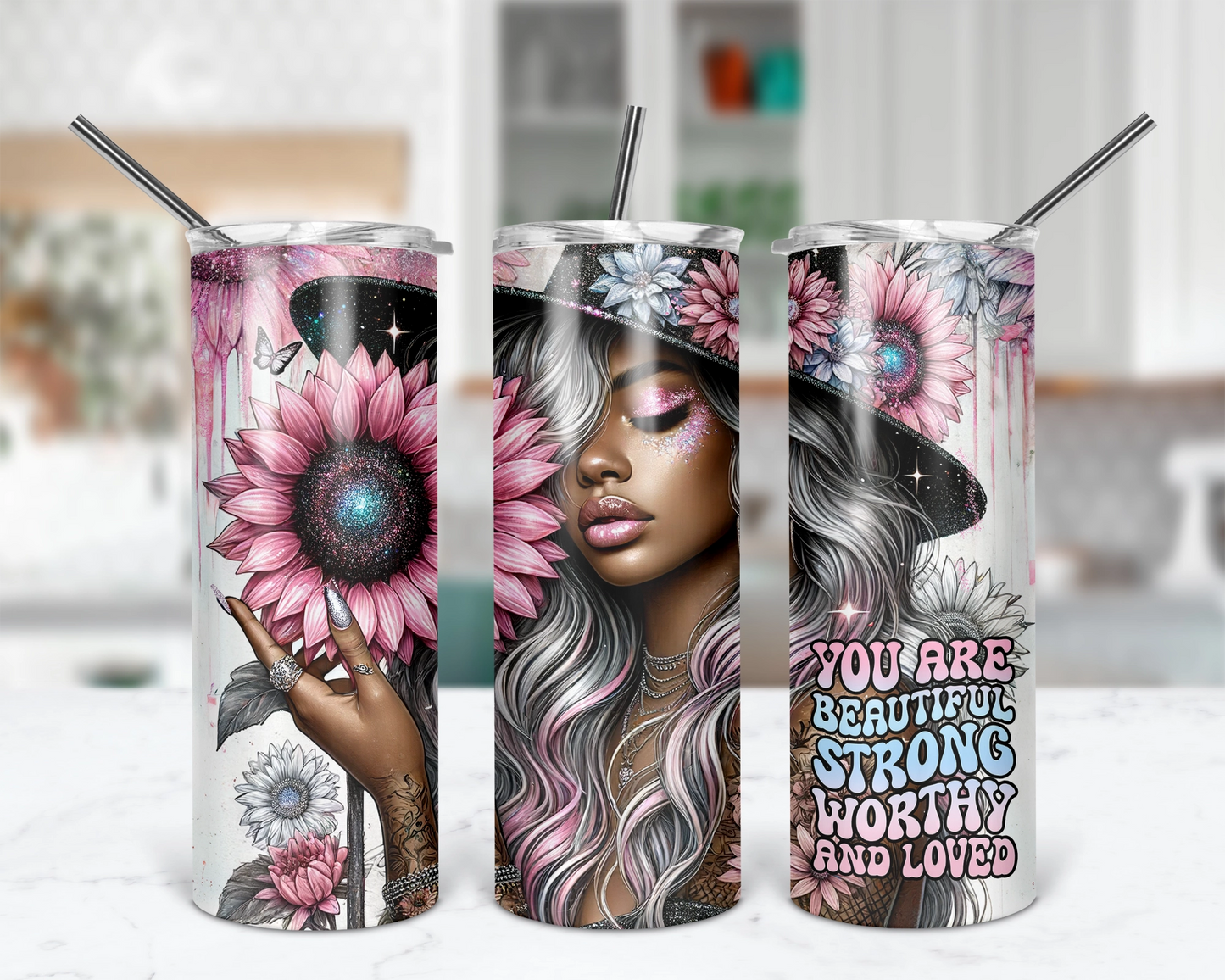 You Are Beautiful Strong Worthy And Loved / Motivational Self Love Tumbler With Straw / Inspirational Gift For Her