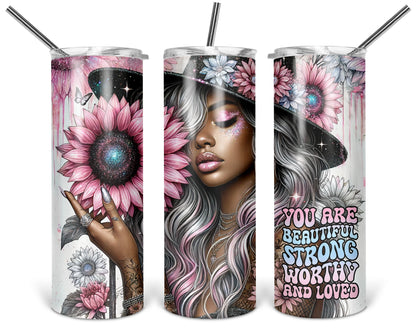 You Are Beautiful Strong Worthy And Loved / Motivational Self Love Tumbler With Straw / Inspirational Gift For Her