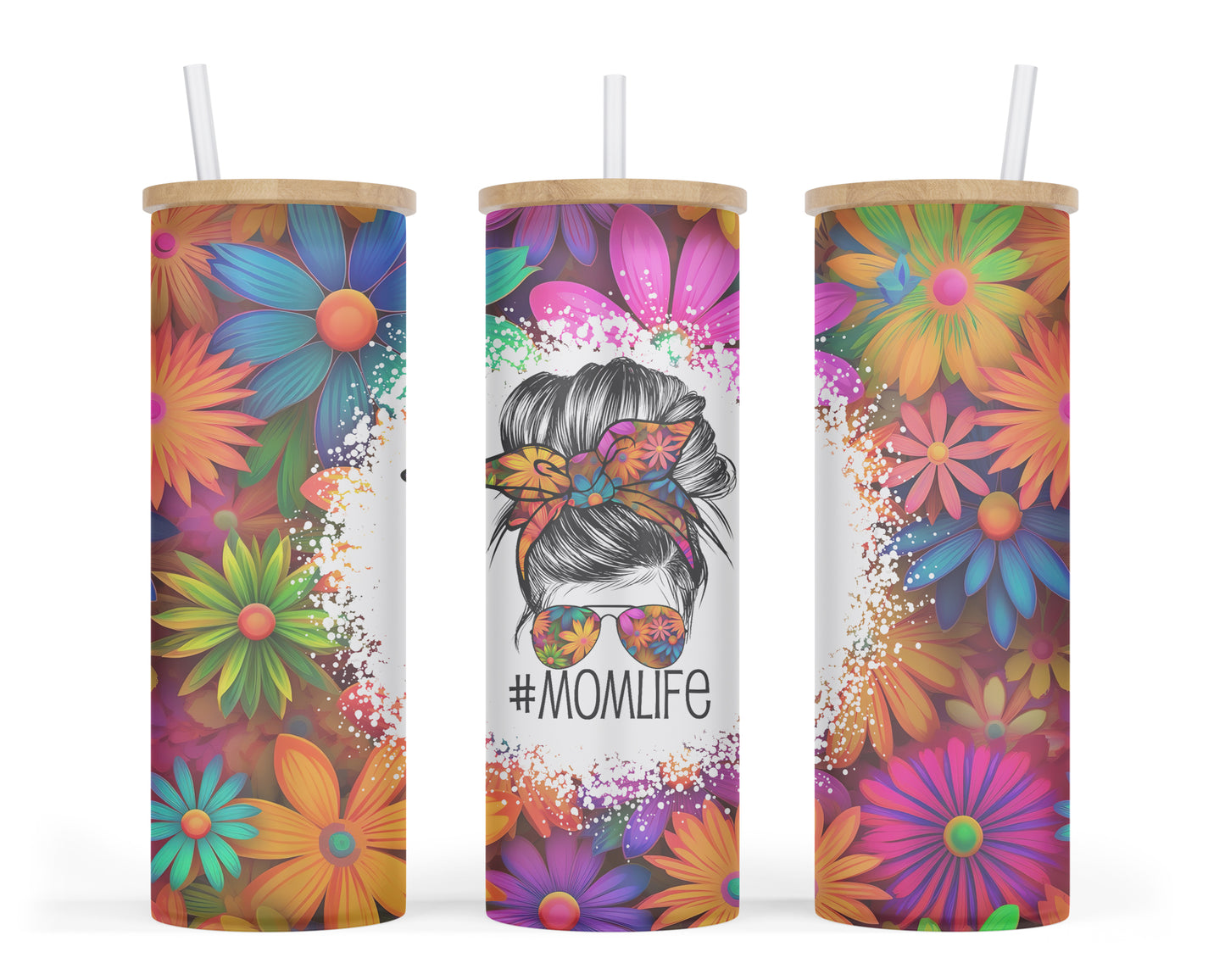 A 25oz frosted glass tumbler cup featuring a bold and vibrant daisy #momlife messy bun design