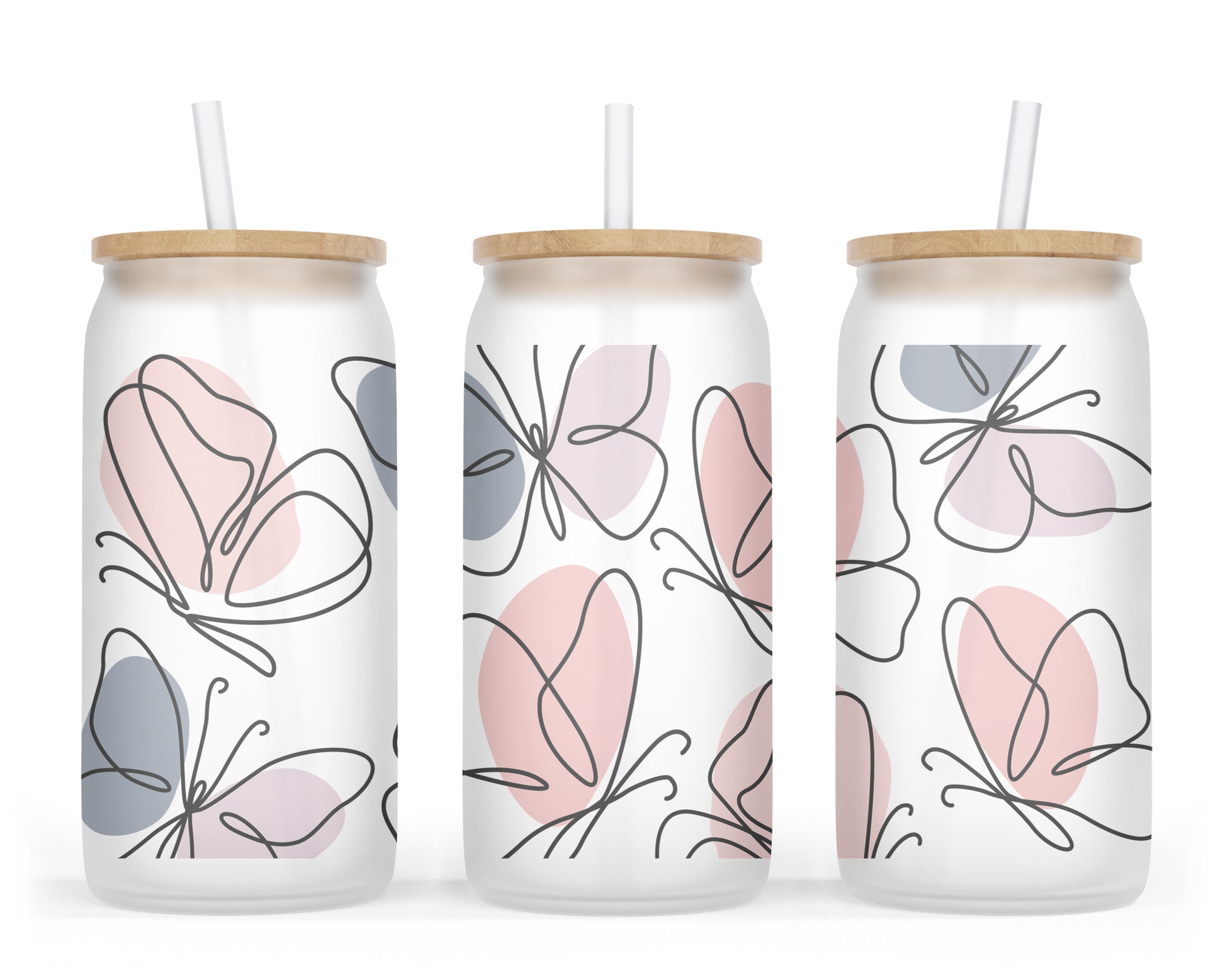 A 16oz glass tumbler adorned with an abstract butterfly design