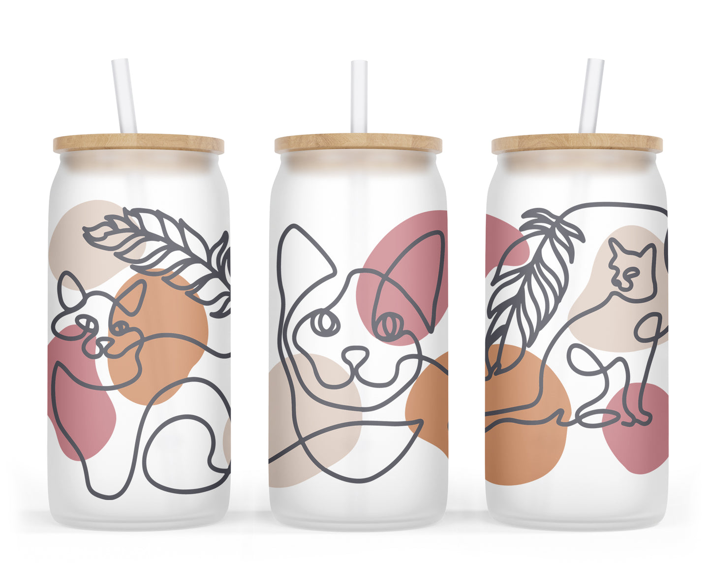 A 16oz glass tumbler adorned with an abstract design of cats