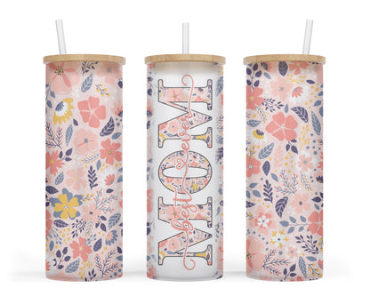 Best Mom Ever Tumbler Cup - 25oz Pink Floral Glass Tumbler With Lid - Gift For Mother's Day