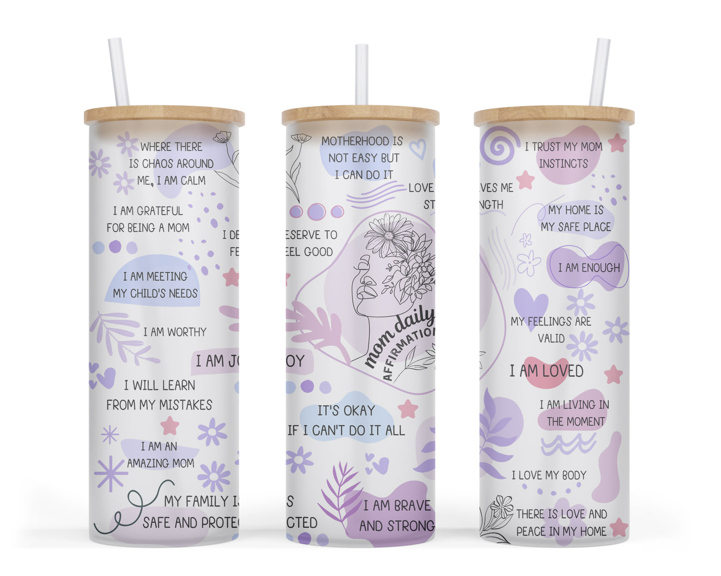 A 25oz frosted glass tumbler cup adorned with positive quotes and a playful purple design, inspiring you to take on the day with style and motivation