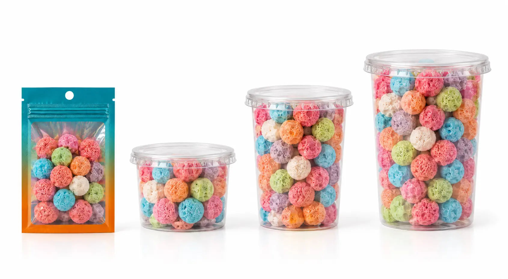 A navy 3 by 4 inch sealed sample bag and clear 8 oz, 16 oz and 32 oz deli containers with sealed lids